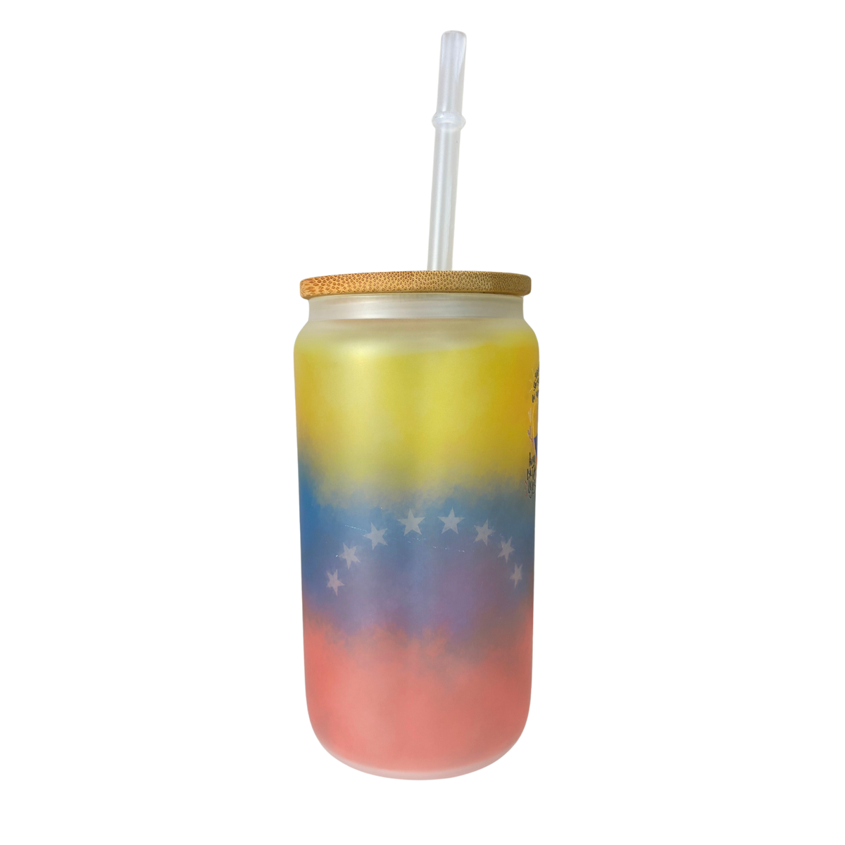 Vaso Tipo Lata Venezuela 16 oz con Tapa de Bambú y Bombilla