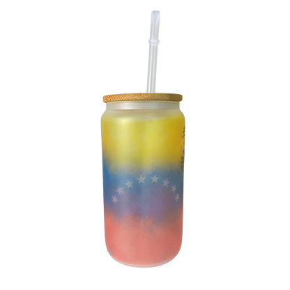 Vaso Tipo Lata Venezuela 16 oz con Tapa de Bambú y Bombilla