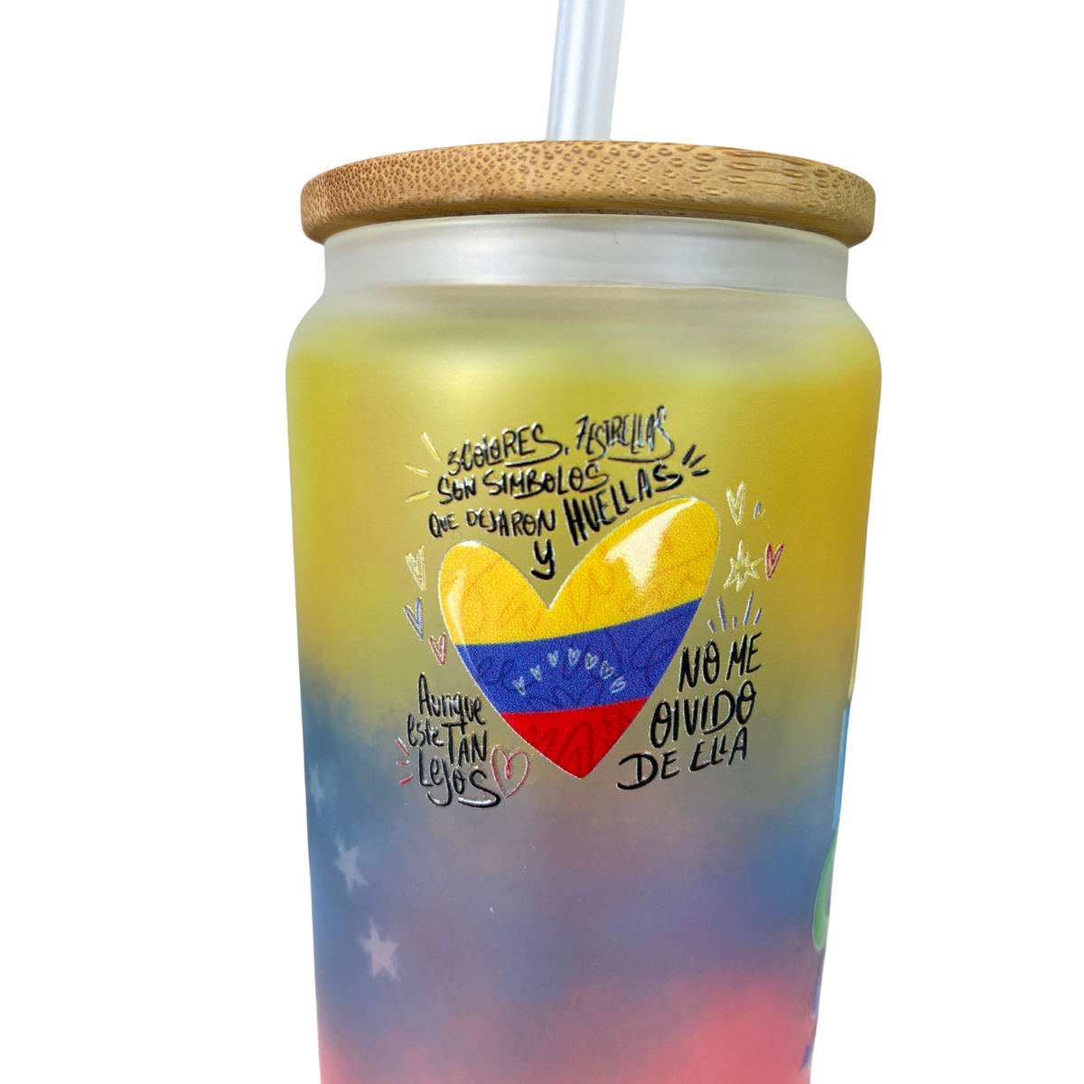 Vaso Tipo Lata Venezuela 16 oz con Tapa de Bambú y Bombilla