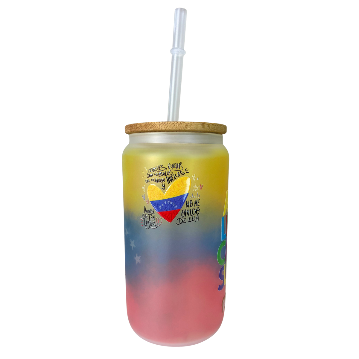 Vaso Tipo Lata Venezuela 16 oz con Tapa de Bambú y Bombilla