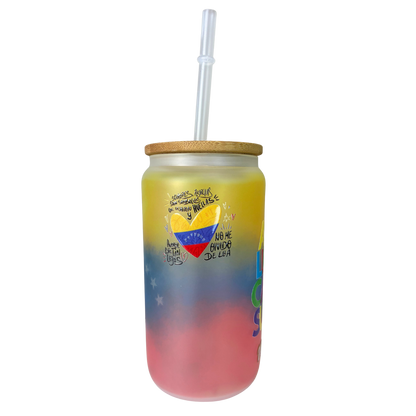Vaso Tipo Lata Venezuela 16 oz con Tapa de Bambú y Bombilla
