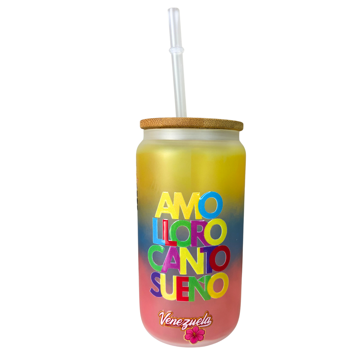 Vaso Tipo Lata Venezuela 16 oz con Tapa de Bambú y Bombilla
