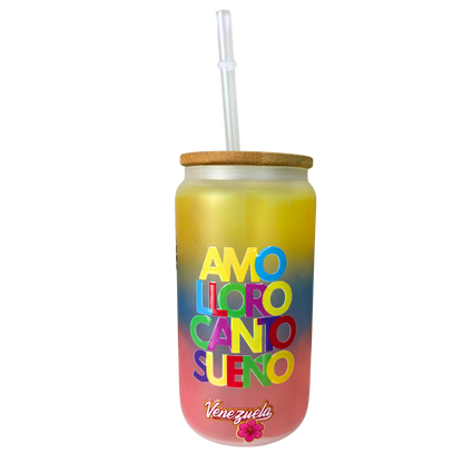 Vaso Tipo Lata Venezuela 16 oz con Tapa de Bambú y Bombilla