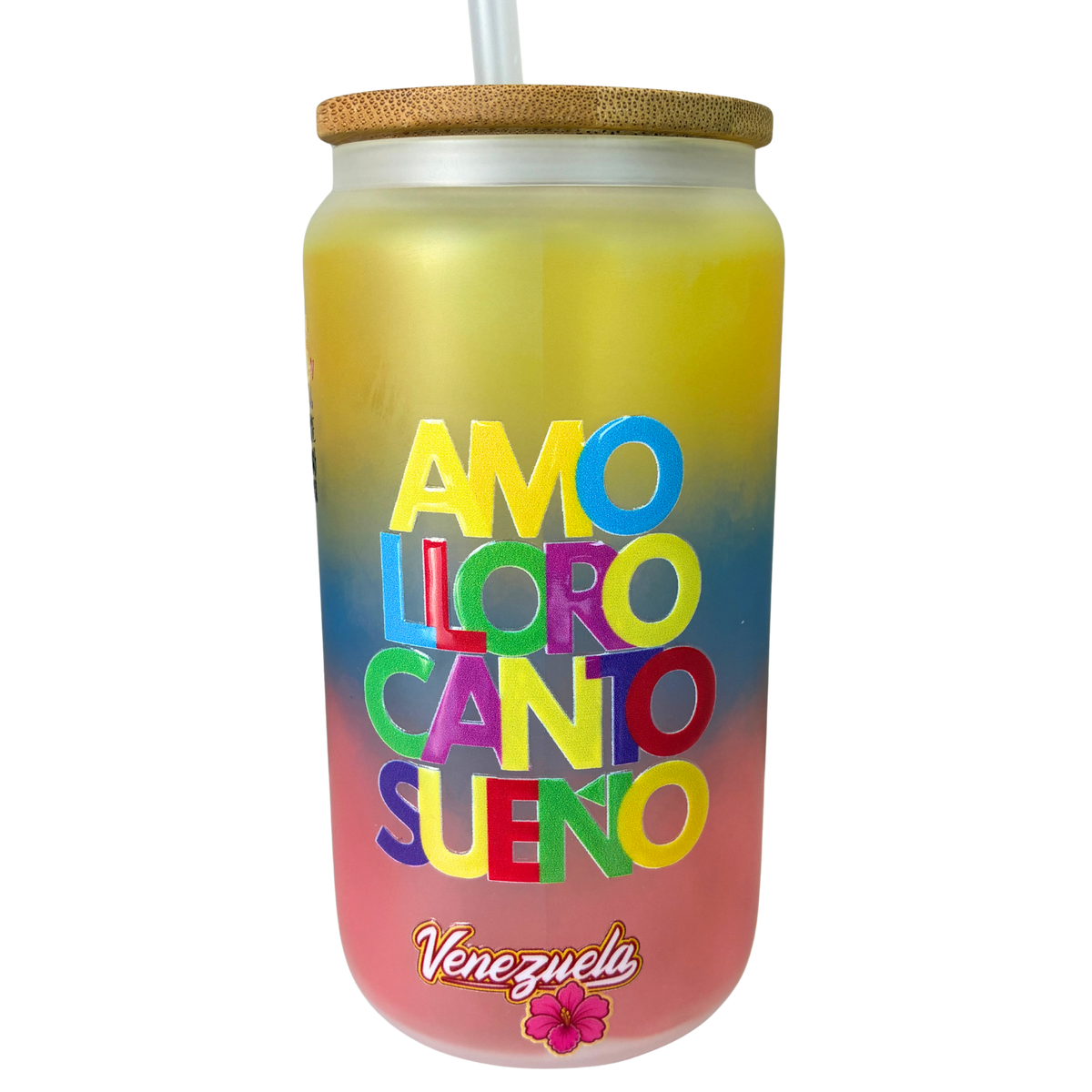 Vaso Tipo Lata Venezuela 16 oz con Tapa de Bambú y Bombilla