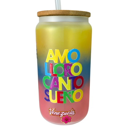 Vaso Tipo Lata Venezuela 16 oz con Tapa de Bambú y Bombilla