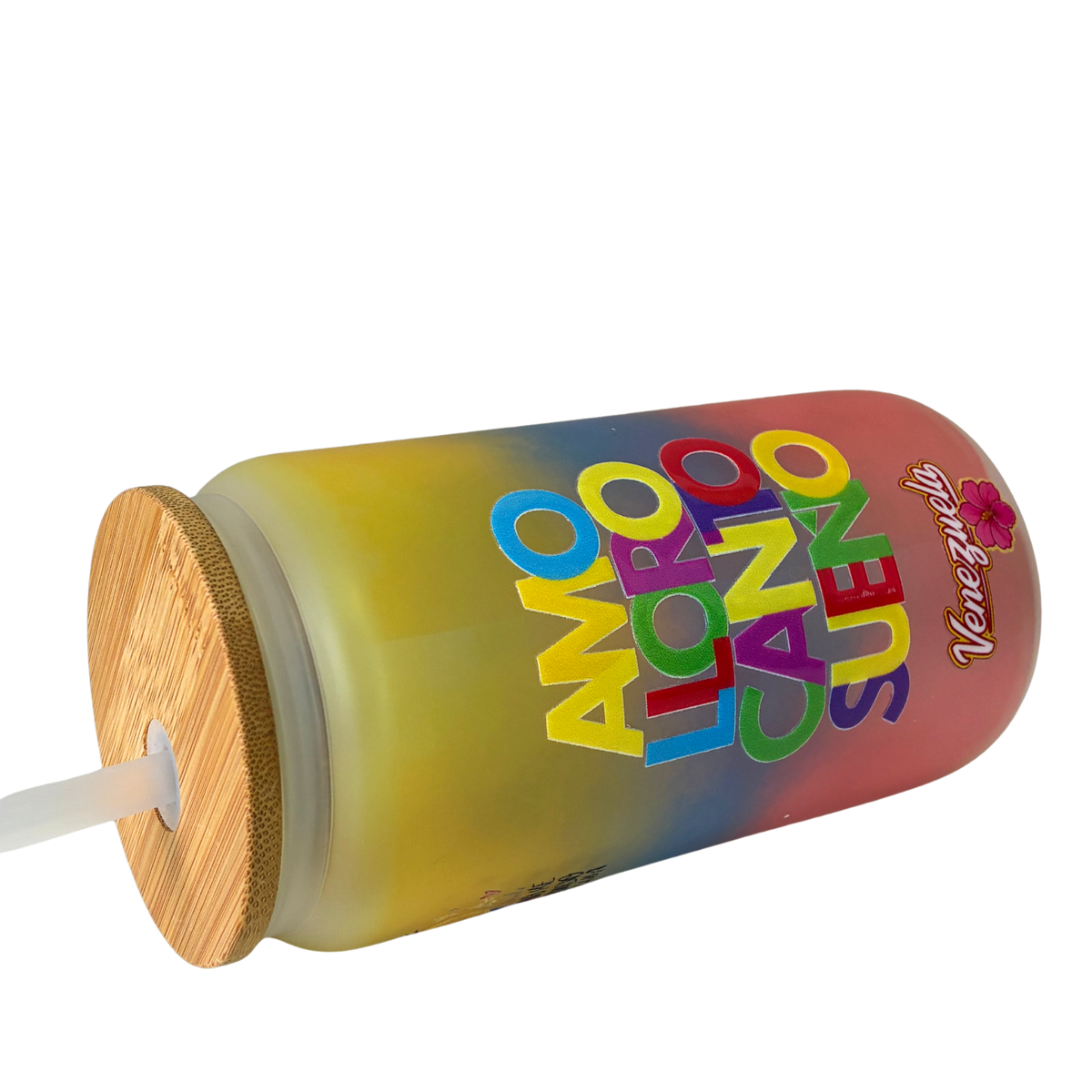 Vaso Tipo Lata Venezuela 16 oz con Tapa de Bambú y Bombilla