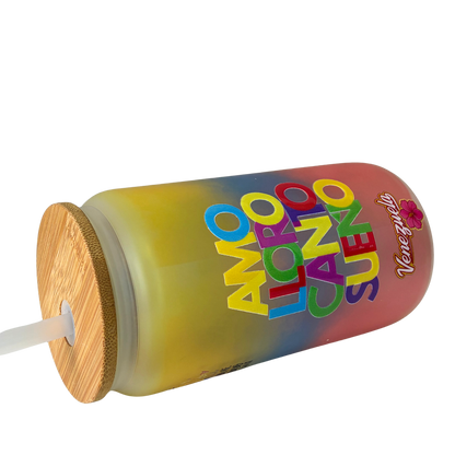 Vaso Tipo Lata Venezuela 16 oz con Tapa de Bambú y Bombilla